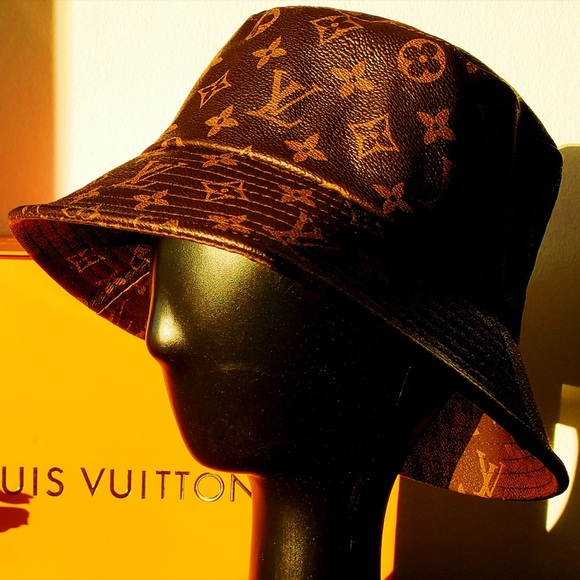 Louis Vuitton LV Monogram Bucket Hat Calf Skin Leather Brown Tan Jacquard - Picture 4 of 10